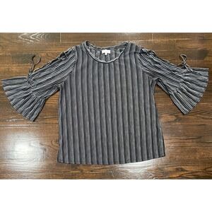Lucky Brand Stripe Jersey Knit Top Women's Size L Laced Bell-Sleeves Black White